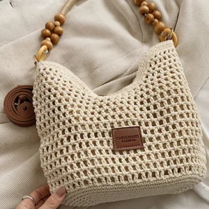 Beige Crochet Handbag with Beaded Handle