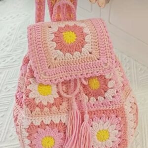 Pink Flower Granny Square Backpack