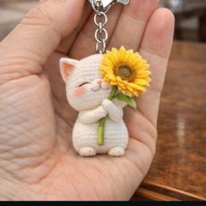 White Cat with Sunflower Keychain