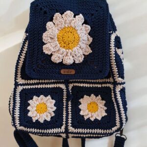 Dark Blue Daisy Crochet Backpack